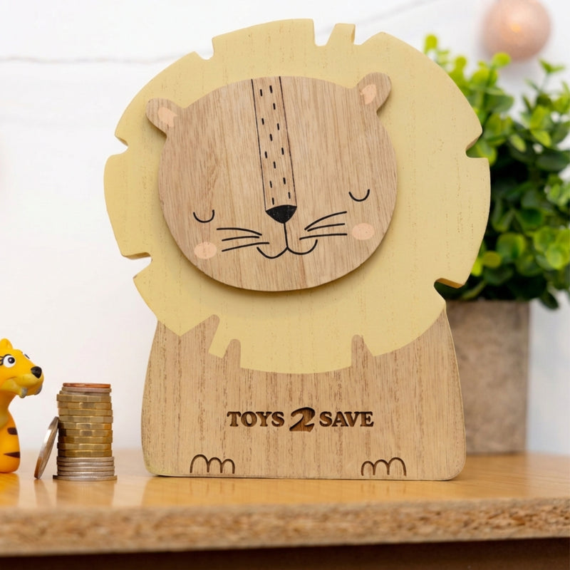 Toys2Save™ Wooden Lion Money Box – Cute Kids Savings Bank with Moving Head